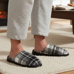plaid slippers, warm house slippers, closed-toe house slippers, men's winter slippers