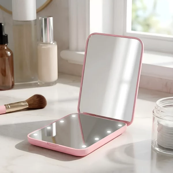 vanity mirror, makeup mirror, makeup mirror with light, compact mirror, cosmetic mirror with light, portable cosmetic mirror, folding cosmetic mirror