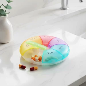 pill organizer, pill box, pill container, pill case, weekly pill organizer, travel pill case, round pill organizer