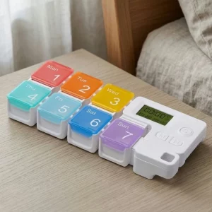 pill box with timer, pill box with alarm, pill dispenser with timer, medication box with timer
